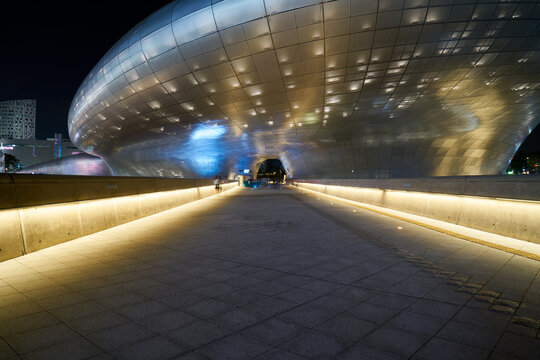 Dongdaemun-gu, Seoul, South Korea - September 2, 2017 : The Nightscape of Dongdaemun Design Plaza (DDP), a modern architecture