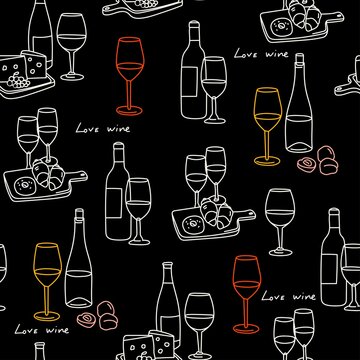 Various bottles and glasses of sweet and dry Wine. Red, white, rose wine, wooden plates with cheese, fruits, sweets. Hand drawn Vector illustration. Square seamless Pattern. Background, wallpaper 