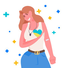 volunteer woman with ukrainian flag in heart shape donating blood donation charity world blood donor health care