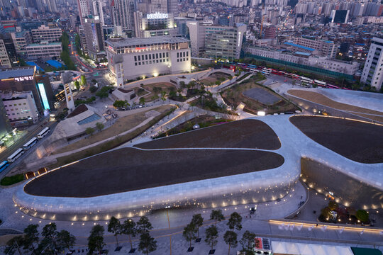 Dongdaemun-gu, Seoul, South Korea - Apr 21, 2019 : The Nightscape of Dongdaemun Design Plaza (DDP), a modern architecture