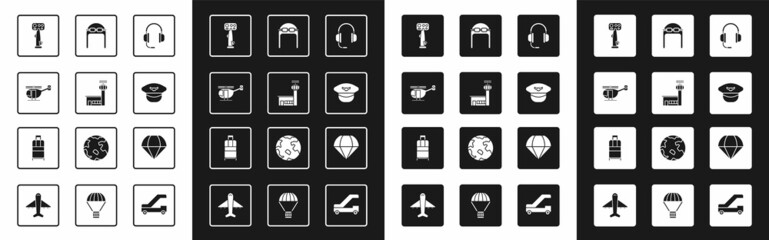 Set Headphones with microphone, Airport control tower, Helicopter, Aircraft steering helm, Pilot hat, Aviator goggles, Parachute and Suitcase icon. Vector - obrazy, fototapety, plakaty