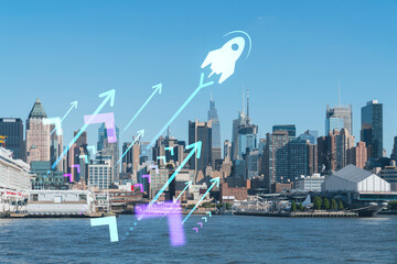 New York City skyline from New Jersey over the Hudson River towards Midtown Manhattan at day time. Startup company, launch project to seek and develop scalable business model, hologram