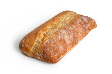 Ciabatta Italian wheat bread with a crispy crust, isolated on a white background