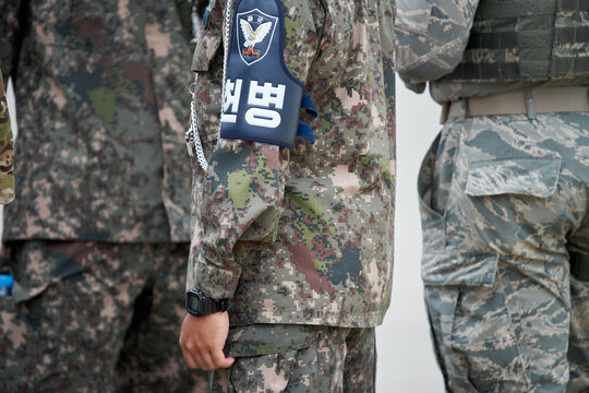 Osan City, Gyeonggi-do, Korea - Sep 21, 2019 : South Korean military police and U.S. soldiers in military uniform at Osan Air Show venue