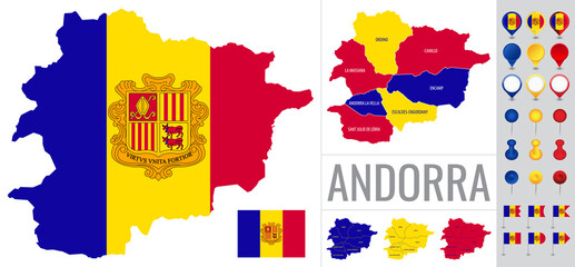 Andorra vector map with flag, globe and icons on white background - obrazy, fototapety, plakaty