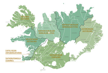 Detailed map of Iceland with administrative divisions into Regions and Municipalities, major cities of the country, vector illustration onwhite background