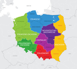 Map of the Poland with administrative divisions of the country into makroregion and 16 provinces (voivodeships), detailed vector illustration