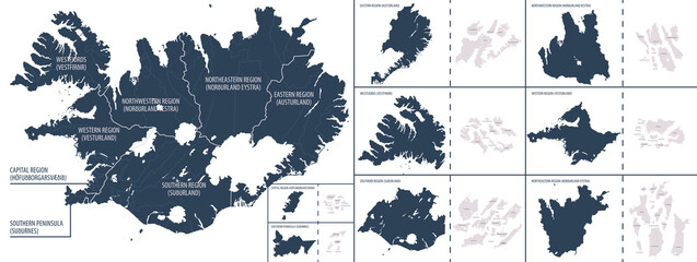 Vector color detailed map of Iceland with the administrative divisions of the country, each Regions is presented separately and divided into Municipalities