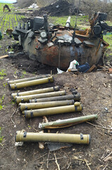 Kharkiv, Ukraine - April 15, 2022: Wreckage of destroyed Russian equipment in Kharkiv and Kharkiv...