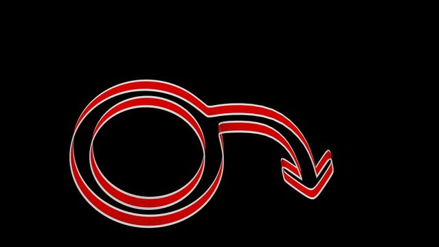 Concept - the erectile dysfunction: a gender sign with red and white tapes - a spear and a shield of Mars bend on the black background. Loopable. Luma matte. 3D rendering.