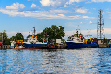 Fototapeta premium Fishing trawlers in port in Nessebar, Bulgaria