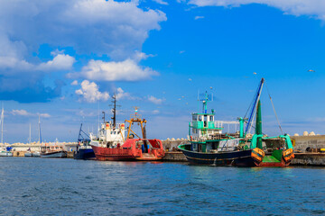 Fototapeta premium Fishing trawlers in port in Nessebar, Bulgaria