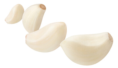Flying garlic cloves, isolated on white background