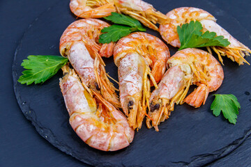Boiled large langoustines on a black slate