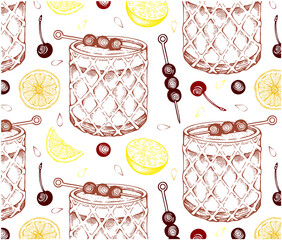 Sketch hand drawn pattern of Whiskey Sour cocktail isolated on white background. Engraved alcohol drink in glass, yellow lemon, red brandied cherry, bourbon. Bar menu wallpaper. Vector illustration. - 506243067