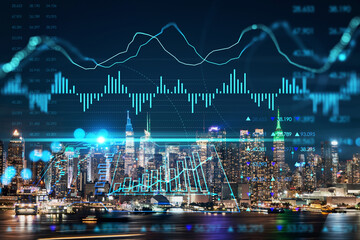 New York City skyline from New Jersey over Hudson River with skyscrapers at night, Manhattan, Midtown, USA. Forex graph hologram. The concept of internet trading, brokerage and fundamental analysis