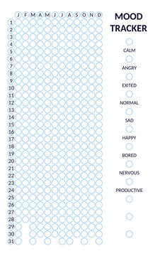 Year in pixels, mood tracker in circles template. Habit diary blank for bullet journal. Monthly planner vertical orientation.