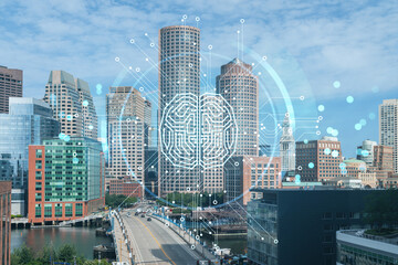 Panorama city view of Boston Harbor at day time, Massachusetts. Financial downtown. Hologram of Artificial Intelligence concept. AI and business, machine learning, neural network, robotics