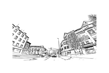 Building view with landmark of Monchengladbach is a city in west Germany. Hand drawn sketch illustration in vector.