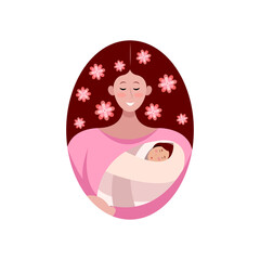 Stylization of a young beautiful woman with a baby. A girl with flowers in her hair holds a child in her arms. Motherhood