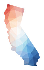 Map of California. Low poly illustration of the us state. Geometric design with stripes. Technology, internet, network concept. Vector illustration.
