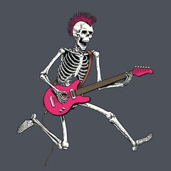 Skeleton punk rock guitar player jumping. Vector illustration.
