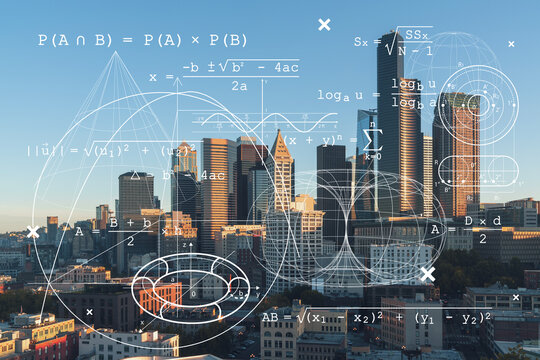 Seattle aerial skyline panorama of downtown skyscrapers at sunrise, Washington USA. Technologies and education concept. Academic research, top ranking university, hologram