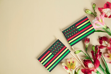 creative background for Juneteenth day with Black Liberation African American flags and bright...
