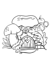 Autumn coloring page for kids. Outline illustration of mushrooms and house. Cartoon magic building.