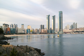Haeundae Beach and city view in Busan, South Korea.