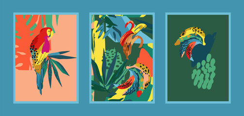 Set of art prints with abstract tropical nature. Modern vector design for posters, cards, cover packaging and other