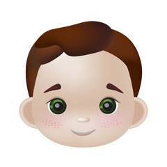 Vector 3d illustration, the head of a boy with red hair, green eyes and freckles. Avatar, icon for the application. Kawaii smiling cartoon character. Suitable for children's products, books.