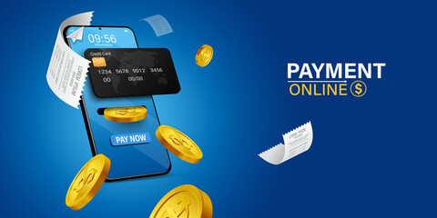 Mobile wallet online on blue background concept of spending money online through internet .Coin drop in smartphone.concept of designing an online wallet through smartphone.online payment on mobile. - obrazy, fototapety, plakaty