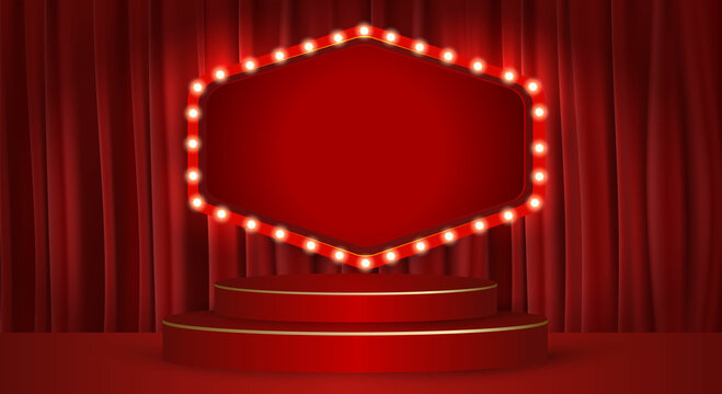 red frame with lights around.Background image with text frame and red curtain.Podium with lighting. Stage, Podium, Scene for Award Ceremony.Stage podium with lighting,Stage Podium for Award Ceremony