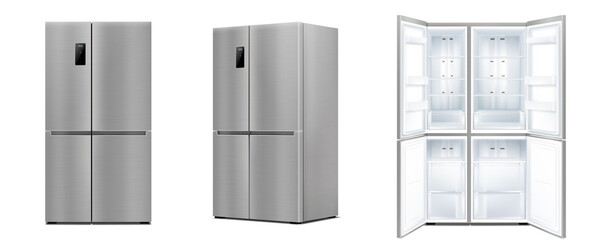 Realistic refrigerator with double doors set. Modern two chambered fridge appliance for food storage with open and close door. Chrome kitchen coolers isolated. 3d vector illustration