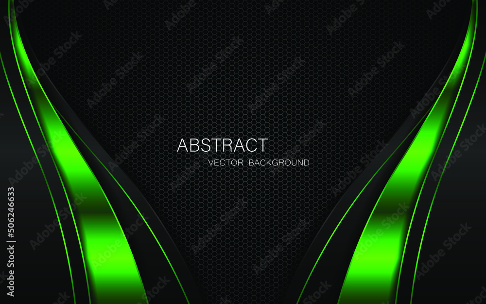 Aufkleber abstract black and green curves on dark steel mesh background with free space for design. modern tec