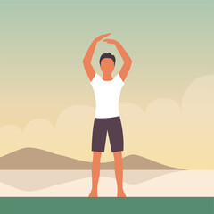 Young man is engaged in gymnastics. Body workout outdoor. Sports pose. Health and beauty concept. Nature background. Flat vector illustration