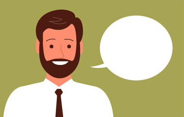 Portrait of a cheerful young man with a happy smile. Face with beard. Business clothes, tie. Talking bubble. Flat vector illustration isolated on blue background