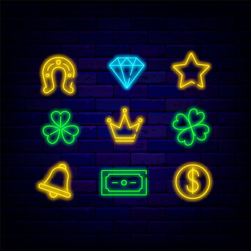 Casino neon icon collection. Bank finance set. Wealth symbols. Bright logo. Vector stock illustration