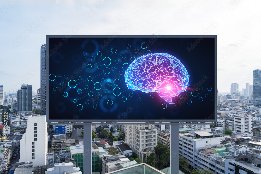 Poster brain hologram on billboard with bangkok cityscape background at day time. street advertising poster