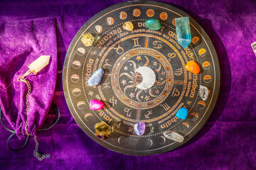 Healing crystals on brown background