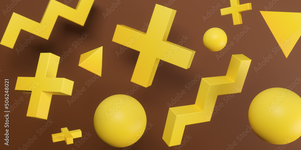 Poster abstract background with dynamic 3d elements. yellow shapes. modern trendy banner design