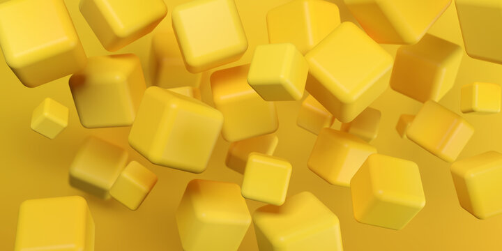 Abstract Background With Dynamic 3d Cubes. Yellow Graphic Elements. Modern Trendy Banner Design