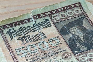 Antique German banknote from the year 1923, closeup macro