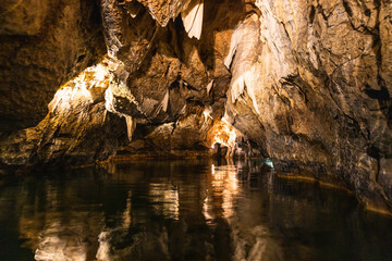 Cave with stalactites and stalagmites. The geological formation of Punkva Caves