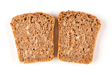 Two slices of square healthy bread made of wheat and rye wholegrain flour with the addition of sprouted grain on a white isolated background. Proper nutrition. Sourdough bread, without yeast.