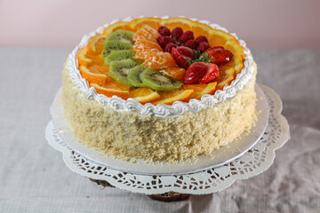 Creamy cheese with strawberries and winter berries. Creative atmospheric design.