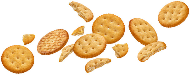 Falling round cheese crackers isolated on white background