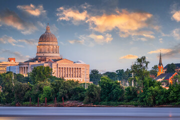 Jefferson City, Missouri, USA downtown view on the Missouri River with the State Capitol