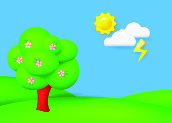 World environment day banner with 3d objects. Spring landscape with green meadow,  lightning, bright sun, white clouds and tree